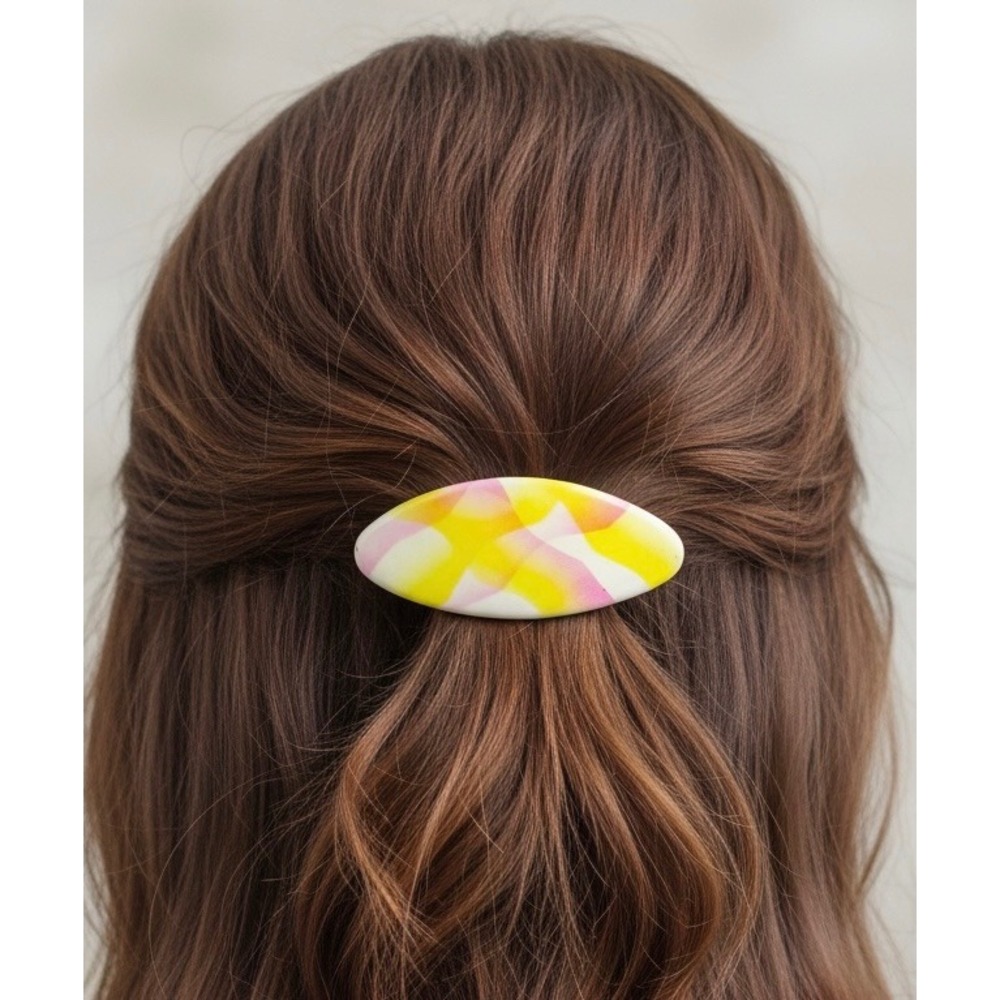 Vintage Made In France White Pink Yellow Swirled Marbled Abstract Hair Clip